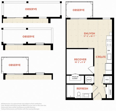 Floor plan for 1 bed, 1 bath, 540 sqft